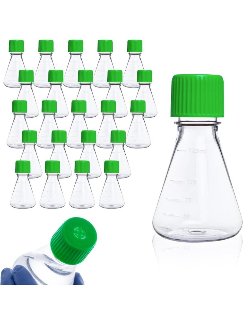 Sterile 125ml Erlenmeyer Flask Set - Vent Cap, Flat Bottom, 24 Pack, Lab